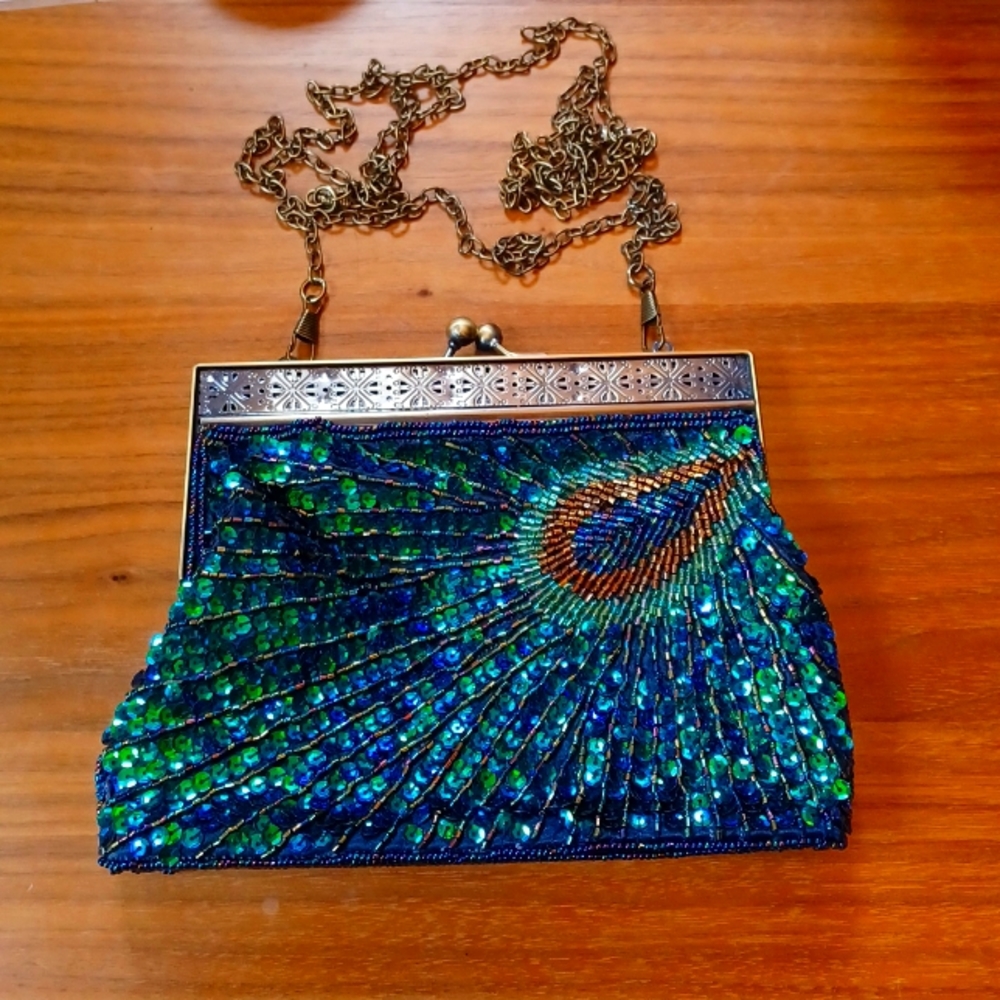 New peacock beaded and sequined clutch purse